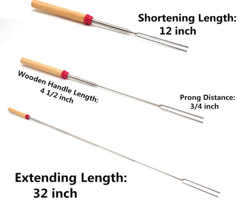 Marshmallow Roasting Sticks Wooden Handle Set of 12 Smores Skewers Telescoping Forks 32 inch with Portable Bag for Hot Dog Campfire Camping Stove BBQ Tools